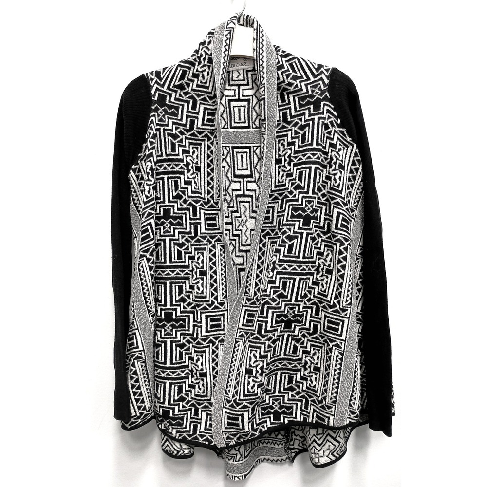 Anthropologie Field Flower Cardigan‎ Womens Small Black White BOHO Aztec Open